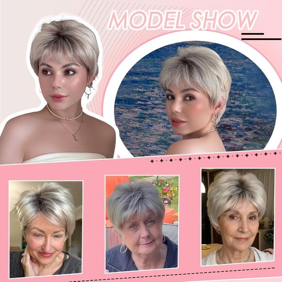 Wigyy Silver Grey Short Pixie Synthetic Wig Bangs Daily Wear Heat Resistant - Picture 7 of 7
